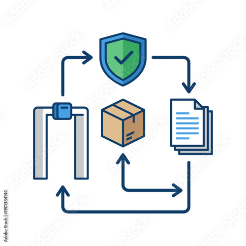 Flat vector illustration of a parcel security inspection process with package, scanner gate, shield icon and documents connected by arrows, isolated on white background, suitable for logistics, 
