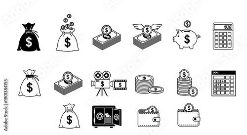 Financial money icon set featuring currency bags coins stacks of cash wallets and banking equipment on background