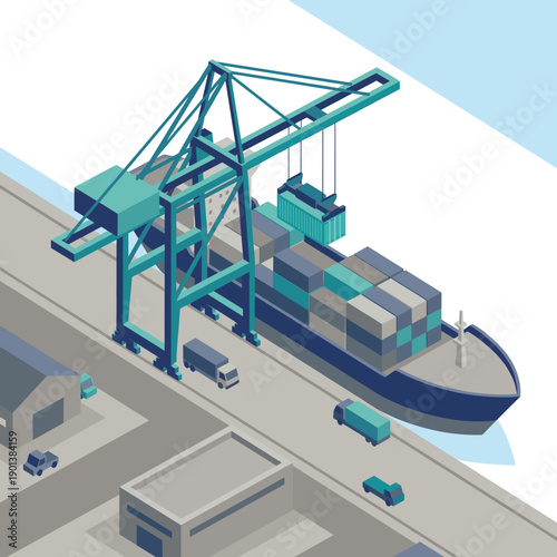 Isometric flat vector illustration of a container ship being loaded by port crane with trucks and warehouses on quay, isolated on white background, suitable for maritime logistics, container terminal 