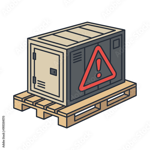 Flat vector illustration of a hazardous cargo container with warning sign on wooden pallet, isolated on white background, suitable for dangerous goods, safety and warehouse logistics design.