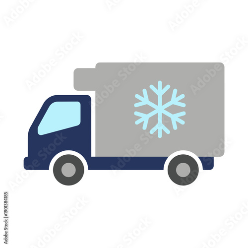 Flat vector illustration of a refrigerated delivery truck with snowflake icon on cargo container, isolated on white background, suitable for cold chain logistics, frozen food and temperature controlle