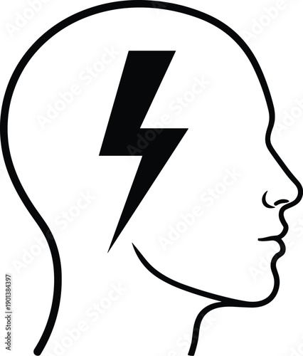 Human Head Profile Silhouette with Lightning Bolt Symbol for Brainstorming, Mental Health, Creative Spark, Psychological Insight, Headache Pain, and Fast Thinking Concept