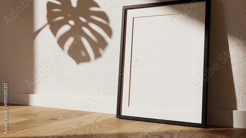 Minimalist Frame Mockup with Leaf Shadow - A black picture frame rests against a white wall with a leaf shadow projected on it.