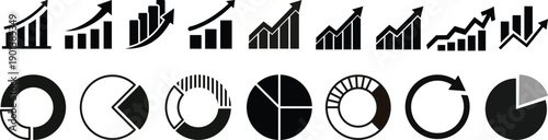 Growing bar 60 icon set. Business graphs and charts icons. Statistics and analytics vector icon. Statistic and data, charts diagrams, money, down or up arrow. Vector illustration
