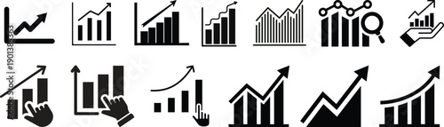 Growing bar 60 icon set. Business graphs and charts icons. Statistics and analytics vector icon. Statistic and data, charts diagrams, money, down or up arrow. Vector illustration