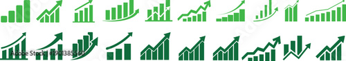 Growing bar 60 icon set. Business graphs and charts icons. Statistics and analytics vector icon. Statistic and data, charts diagrams, money, down or up arrow. Vector illustration