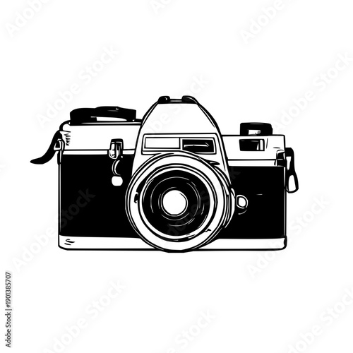 Minimalist Vintage Camera Sticker Design with Bold Borders and Leather Strap for Photography Enthusiasts and Creative Projects