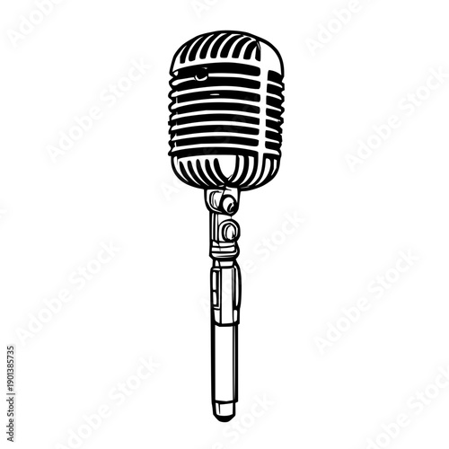 Classic Vintage Broadcasting Microphone Flat Vector Icon with Bold Black Outlines on White Background – Perfect for Audio, Podcast, and Radio Themes