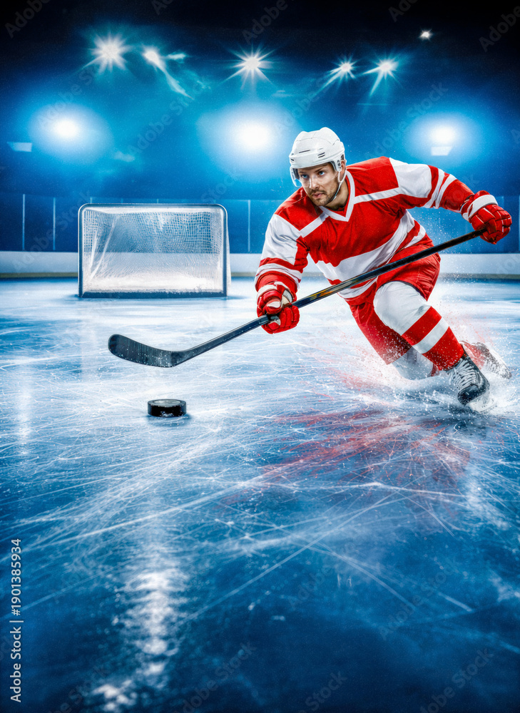 Obraz premium Male hockey player wearing red uniform against goal