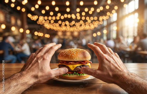 First-Person POV of a Hungry Man Holding a Gourmet Burger in a Cozy Restaurant