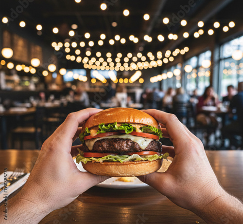 First-Person POV of a Hungry Man Holding a Gourmet Burger in a Cozy Restaurant