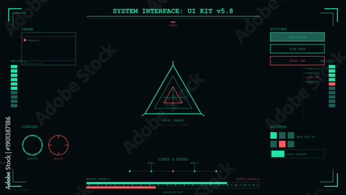 Futuristic dark mode user interface with complex data visualization and geometric shapes