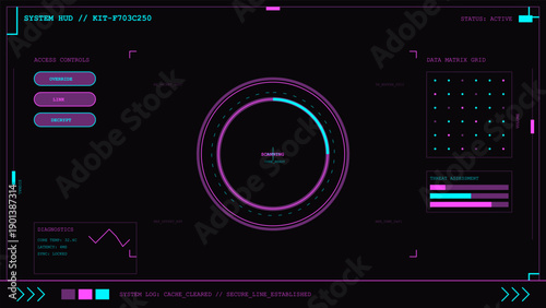 Futuristic heads up display screen showing system diagnostics and data matrix analysis