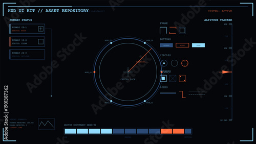 Futuristic dark mode heads up display user interface with data tracking elements and geometric shapes