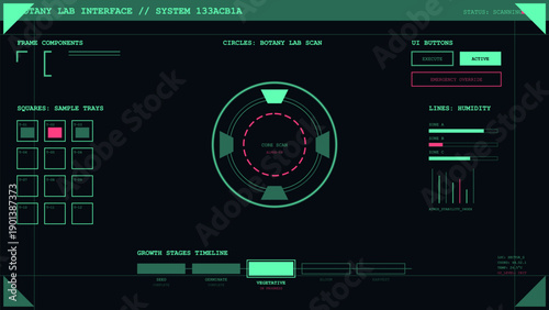 Futuristic botany laboratory interface displaying core scan data and plant growth stages timeline on a dark screen