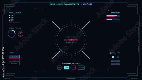 Futuristic deep space communicator interface with scanning frequency lock and data transmission status