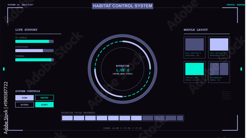 Futuristic dark mode interface displaying habitat control system data and life support metrics
