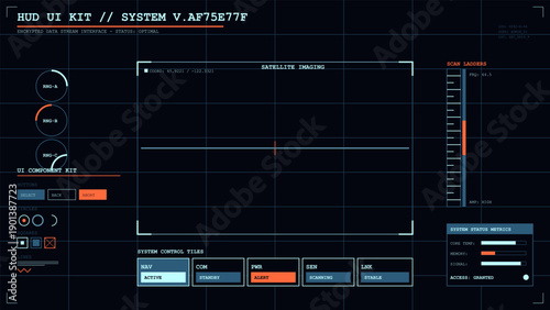 Futuristic HUD user interface elements showing data metrics and system control panels