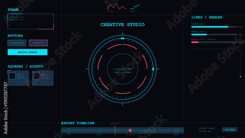 Futuristic digital interface screen showing system active status, data processing, and creative studio controls