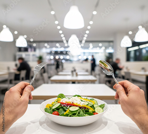 POV First-Person View of Hands Holding Spoon and Fork Over Fresh Salad Plate in Modern Pizza Restaurant