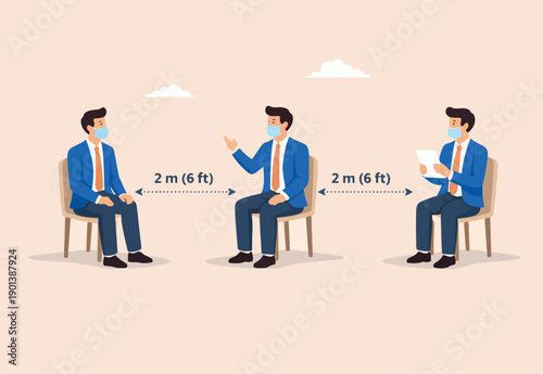 Social distancing, keep distance in public society people to protect COVID-19 coronavirus outbreak spreading concept, businessmen miniature keep distance away the meeting with distant measure.