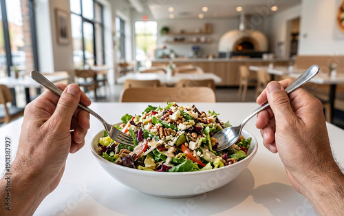 POV First-Person View of Hands Holding Spoon and Fork Over Fresh Salad Plate in Modern Pizza Restaurant