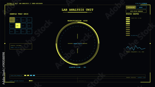 Futuristic laboratory analysis interface displaying sample data, magnification, and signal frequency readings