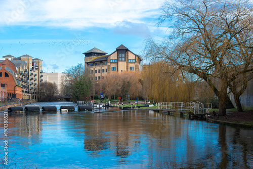 The beautiful view of the coastline of the canal in Reading, England.
