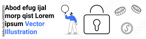 Person holding magnifying glass near lock emphasizes security, data analysis, finance symbols with coins. Ideal for digital security, data insights, payment platforms, safety tools, e-commerce