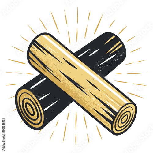 Crossed wooden logs with a sunburst background representing woodworking industry  
