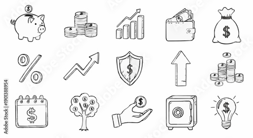 A set of financial icons and symbols in a minimalist line art style