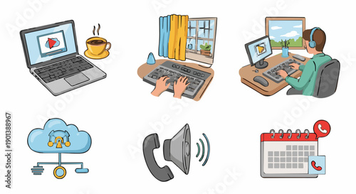 A vector graphic illustration of various office and communication icons and symbols