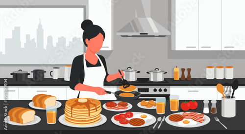 Vector illustration of a woman preparing a delicious breakfast with pancakes, sausages, and toast, in a modern kitchen