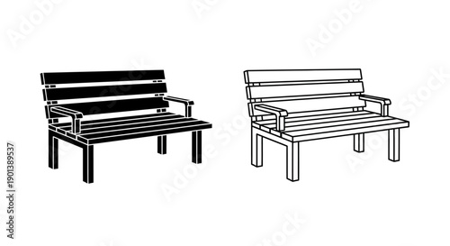 Two different style benches, park bench, outdoor bench, metal bench, wooden bench Vector