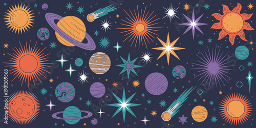 Colorful planets stars and celestial bodies in a playful imaginative space scene illustrated for kids education posters books apps and creative cosmic design projects visuals