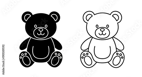 Two cute teddy bear icons, one black one white, simple line art, minimalist design Vector