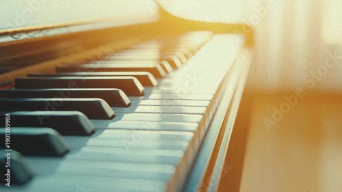 Closeup of Piano Keys in Warm Golden Morning Light
