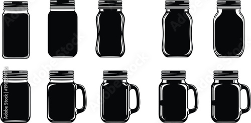Black silhouette illustration collection of mason jars with and without handles, showcasing diverse shapes, perfect for beverage design, packaging, branding, and decorative artwork projects.