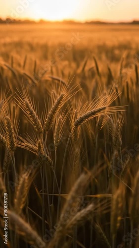 Close-up shot of golden wheat field at sunset, with warm sunlight and blurred background.