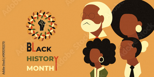 Black History Month Poster featuring diverse African-American portraits, a unity wreath, and a raised fist symbol. Vector