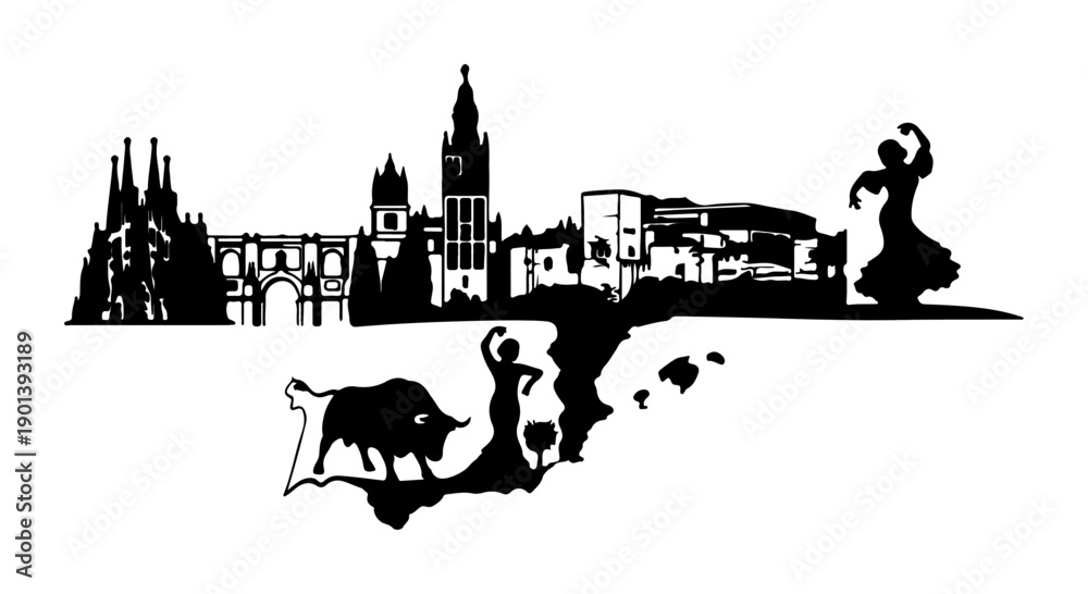 Fototapeta premium Seville skyline silhouette with flamenco dancers and bull iconic Spanish landmarks and culture vector illustration for travel and tourism