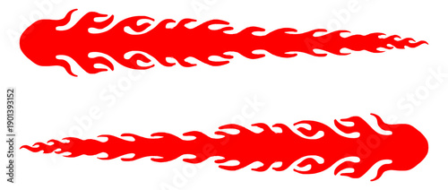 Red fire trail or fireball vector illustration. Hand drawn burning flame moving right for speed concept, rocket exhaust, and spicy food delivery branding.