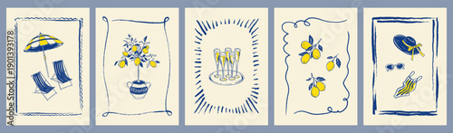 Set of crayon doodle sketch blue and yellow summer coastal sea vacation posters, frames, postcards, stamps, labels. Amalfi, Positano, Capri drawing background design. Summer beach cocktail