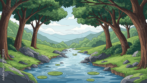 Serene landscape showing a winding river flowing through a lush green forest with mountains in the far distance.