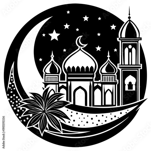 Elegant mosque under starry night sky with crescent moon