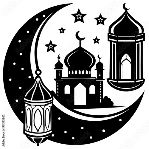 Elegant mosque and crescent moon design with stars and lanterns for Ramadan