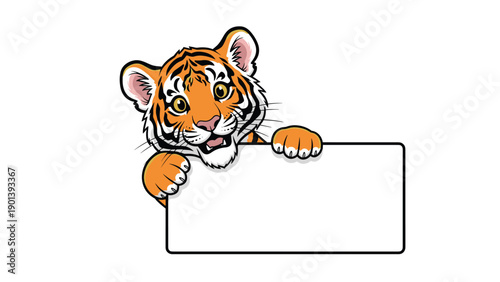 Cute young tiger cub peeking over a blank white rectangular sign for custom message or text on white background.