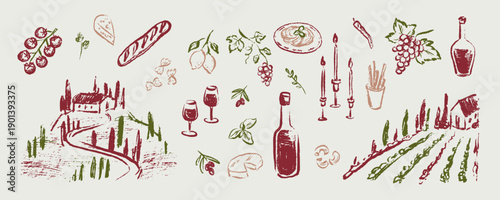 Set of hand drawn doodle crayon, charcoal, chalk wine and food design elements. Tuscany Italy rural countryside landscape. Vineyard minimalist pencil drawing background. Red wine bottle and wineglass