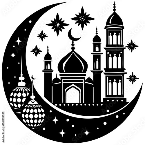 Elegant mosque silhouette under starry night sky with crescent moon