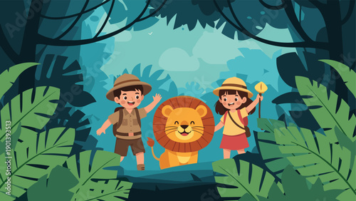 Boy and girl explorers walking through a dense green jungle with a friendly lion standing between them at day.